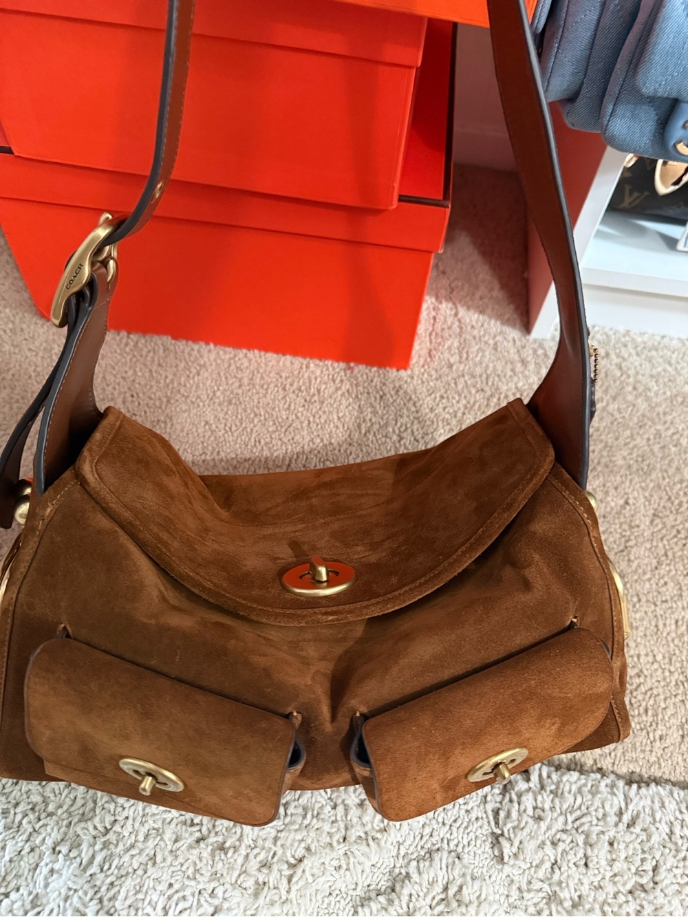 Coach Brown Suede Shoulder Bag with Front Pockets